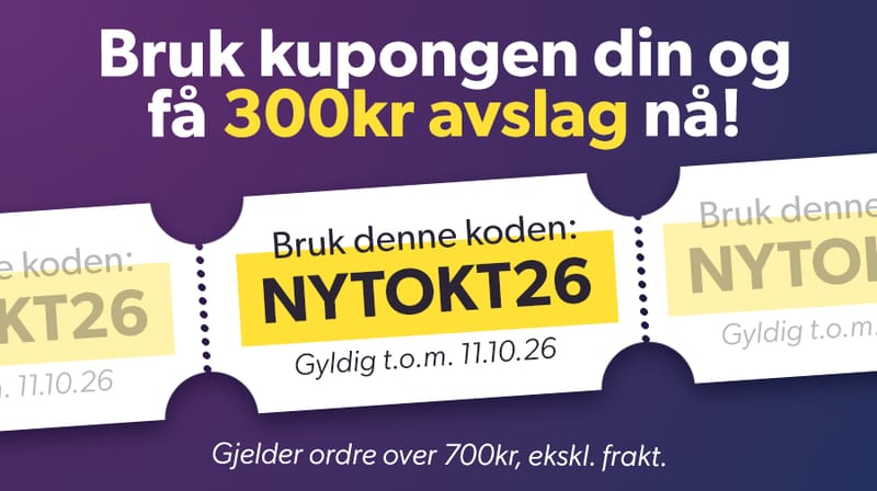 Bruk koden NYTOKT26 og f� 300kr avslag p� kj�p over 700kr!